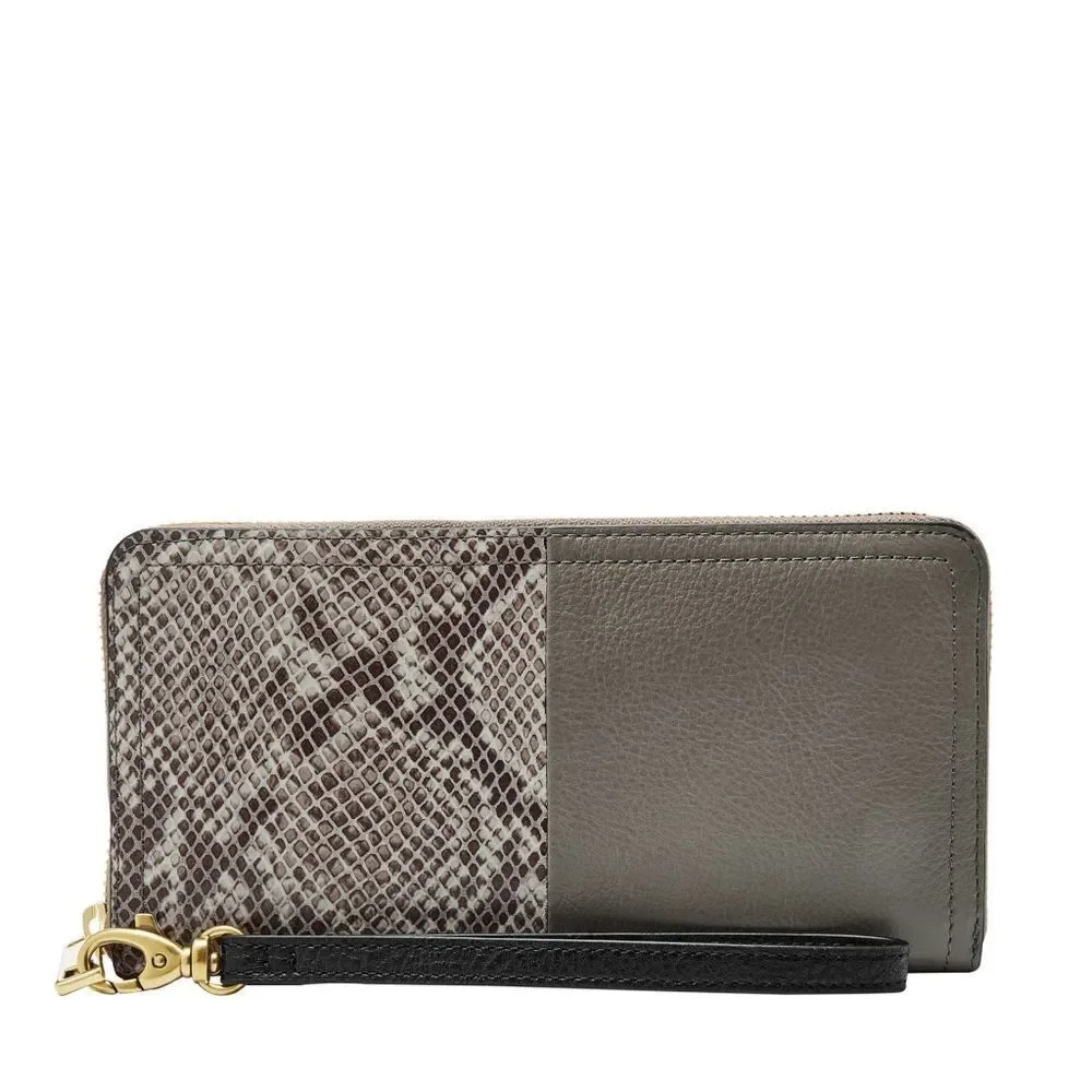 New! FOSSIL Logan RFID Wallet Zip Clutch Wristlet Strap Taupe Snakeprint Black